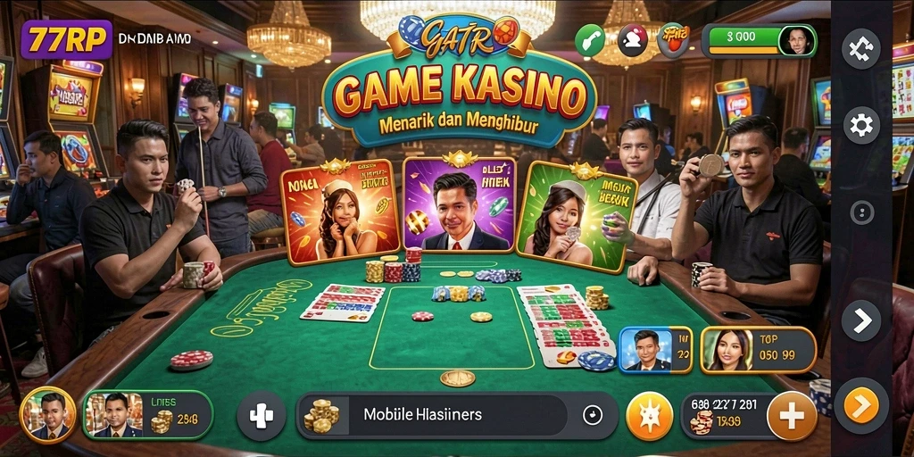 Screenshot gameplay 77RP menampilkan berbagai permainan Kasino yang mendebarkan.
