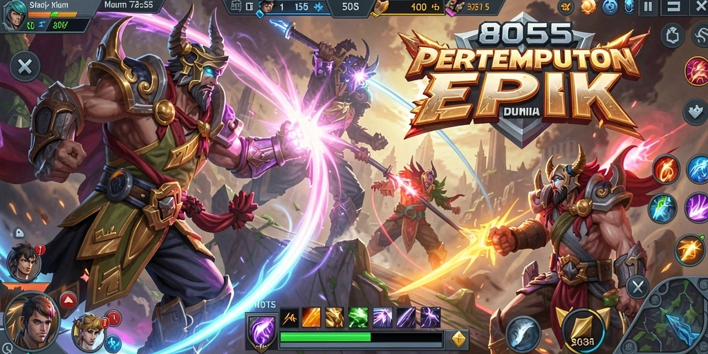 Screenshot dari gameplay seru dalam 8055, menampilkan aksi pertempuran MOBA.