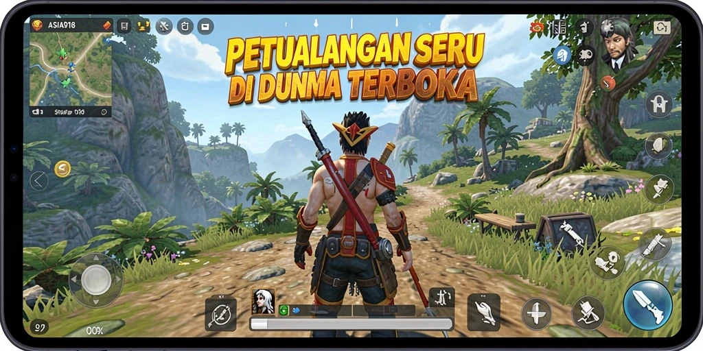 Screenshot gameplay ASIA918 menampilkan aksi petualangan di dunia terbuka.