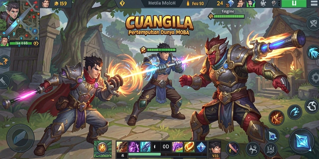 Screenshot gameplay menampilkan aksi intens dalam CUANGILA MOBA.