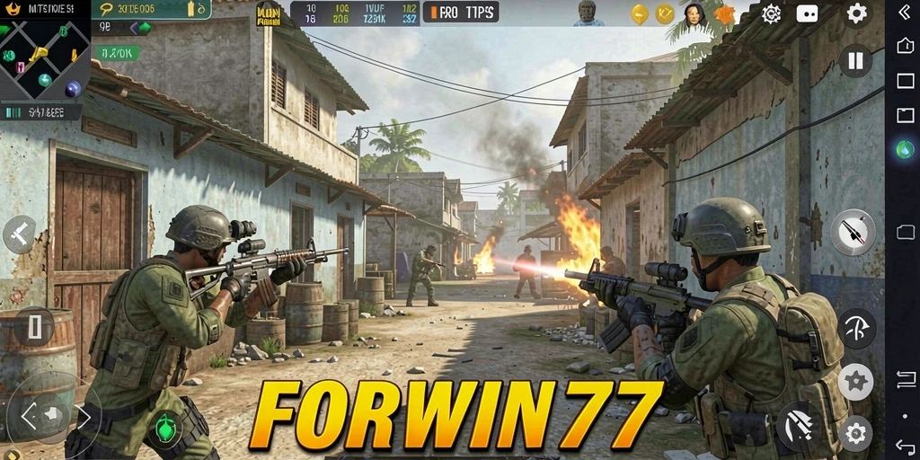 Tangkapan layar menunjukkan aksi seru dalam FORWIN77 dengan gameplay TPS.
