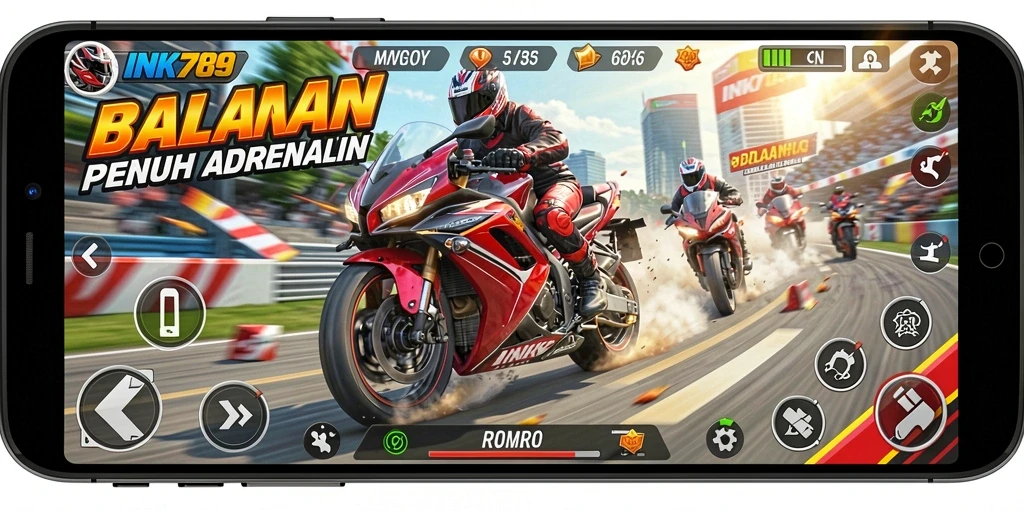 Tangkapan layar INK789 menunjukkan aksi balapan motor yang mendebarkan.