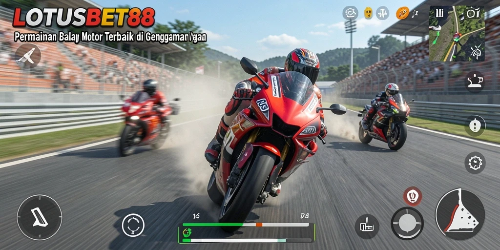 Tampilan gameplay menegangkan dari LOTUSBET88 dengan balapan motor yang cepat.