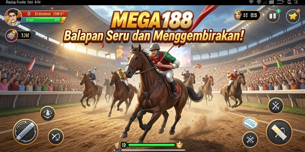 Screenshot gameplay MEGA188 yang menampilkan aksi balap mendebarkan.