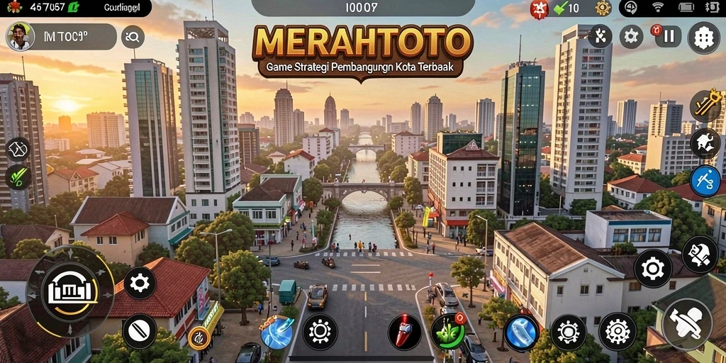 Tangkapan layar gameplay MERAHTOTO menampilkan kota yang berkembang pesat.