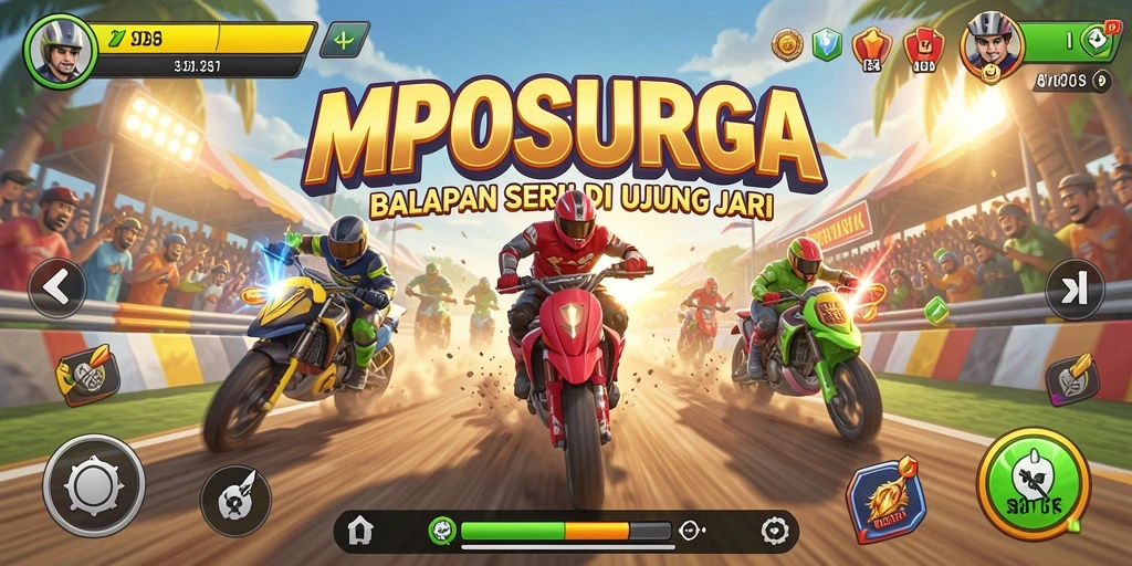 Screenshot gameplay MPOSURGA menunjukkan aksi balapan yang mendebarkan.