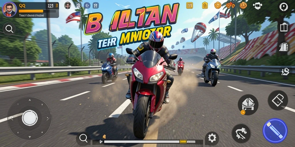 Tampilan gameplay seru dari <strong>QQ1221</strong> dengan balapan motor yang intens.