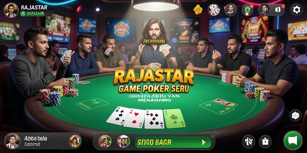 Tangkapan layar utama RAJASTAR menampilkan gameplay Poker yang seru dan menantang.