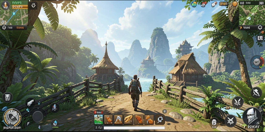 Screenshot gameplay RVIP3 menunjukkan petualangan di dunia terbuka.