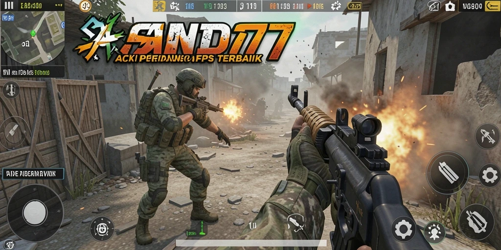 Tampilan gameplay intens di SAND77 dengan aksi seru FPS.